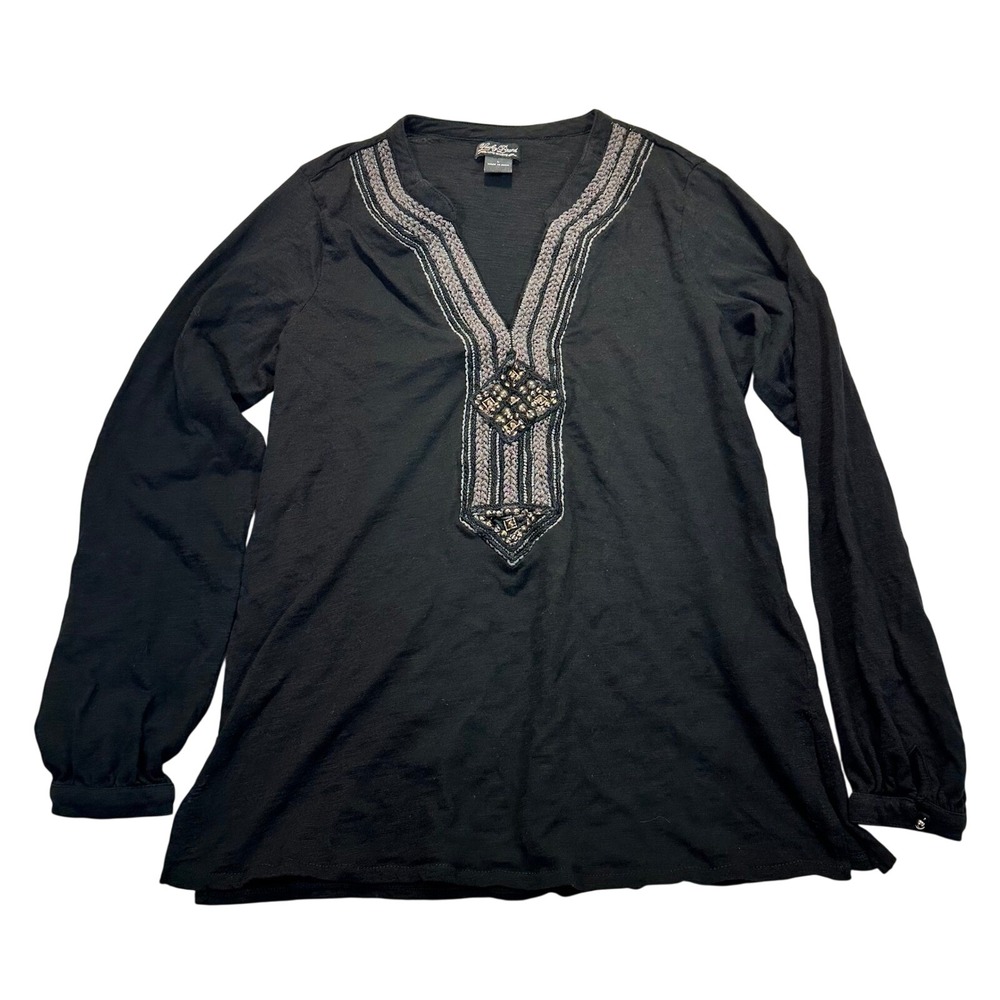 Lucky Brand Womens Black Cotton Embroidered Studded Tunic Top Long Sleeve Large